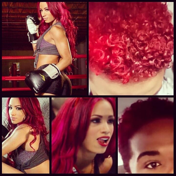 DeanCurtisDkc's tweet photo. I don't wanna change my hair color @SashaBanksWWE it's #leget too bossy 2 change but it's turning pink 😞 https://t.co/vANtfKtJ60