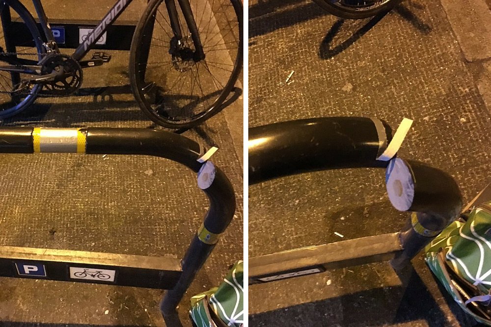 Cyclists alerted to danger of using bike racks with gaffer tape on them (Photo <a href="/sezking78/">Sarah King</a>) | trib.al/hZnBZ6W