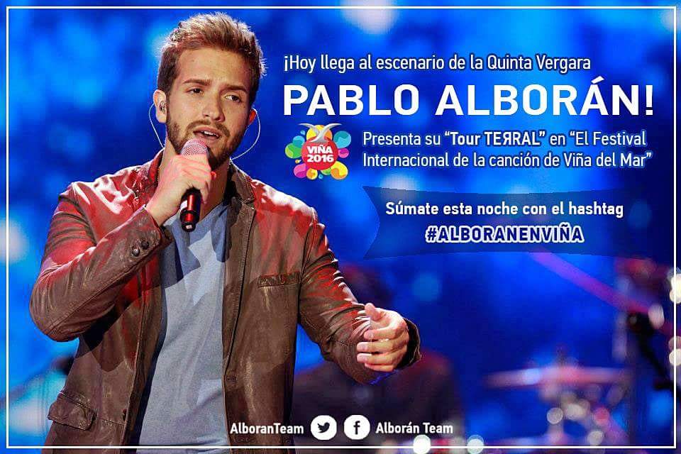 AlboranTeam's tweet photo. Hoy sobre las 22H 🇨🇱 (2H 🇪🇸) @pabloalboran se presenta en @elfestival de Viña del Mar con sold out #AlboranEnViña 😃 https://t.co/zVMa7MyCFu