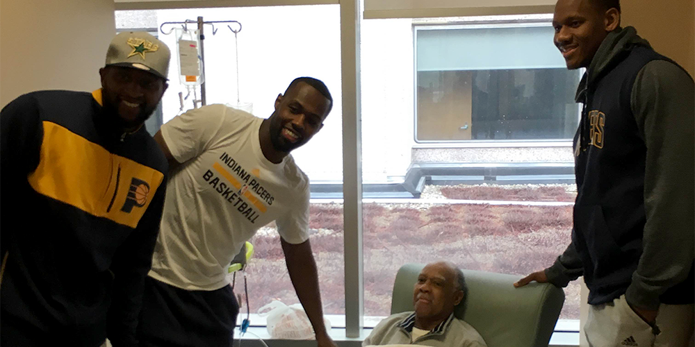 Pacers's tweet photo. Smiles abound as Stuckey, @chefVOYardee &amp; @masfresco visited @IU_Health Simon Cancer Center: https://t.co/RAzzbgNFdl https://t.co/QBwVH2TJvE