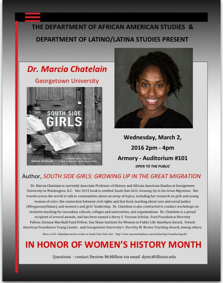 aasscc_uiuc's tweet photo. Dr. Marcia Chatelain is visiting in honor of Women's History Month! Join us on March 2 in the Armory! https://t.co/loYhUs2JMW