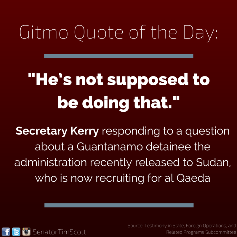 SenatorTimScott's tweet image. #Guantanamo #QuoteOfTheDay, pt1 from @JohnKerry. Keep in mind, there is a 30% recidivism rate; this isn’t isolated.
