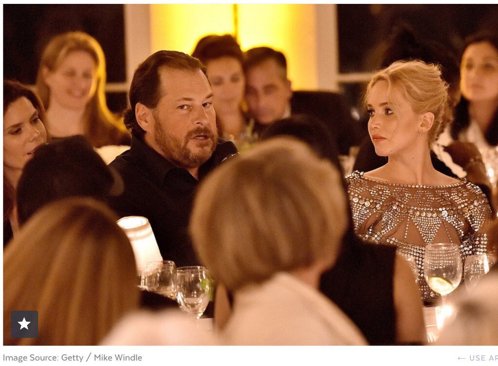 Benioff's tweet photo. Thank you Jennifer Lawrence and @PattyArquette for an amazing dinner supporting equal pay for women. Equal is Equal. https://t.co/sOCMXLF3Oa