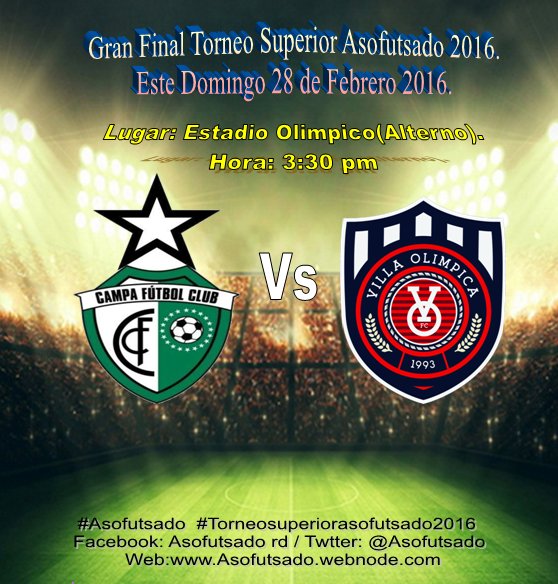 Jperalta2302's tweet photo. #asofutsado #torneosuperiorasofutsado2016
Gran Final del Torneo Superior Asofutsado, este domingo 28 de Febrero 2016 https://t.co/4gMogD2qP4