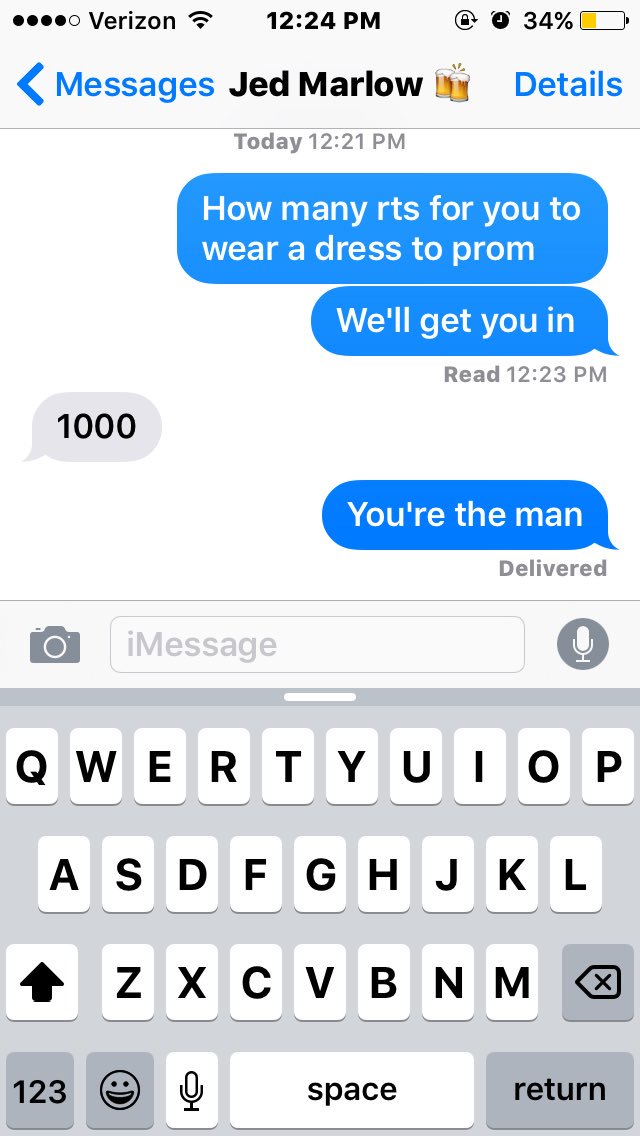__dorny's tweet photo. 1000 retweets and @jedidiahmarlow1 will wear a dress to prom https://t.co/ND5wvu01gK