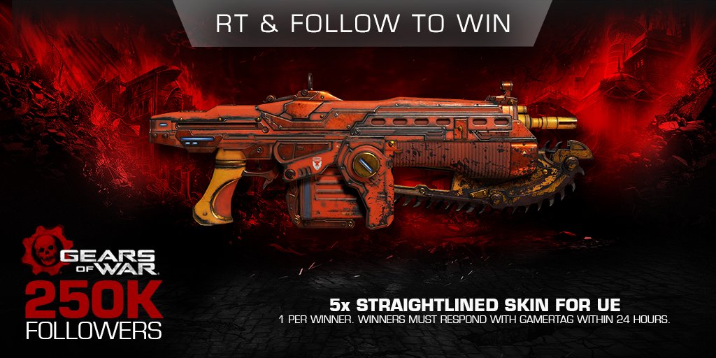 GearsofWar's tweet image. Our final Twitter 250K celebratory giveaway is for the super rare Straightlined Weapon skin! RT &amp;amp; Follow to enter.
