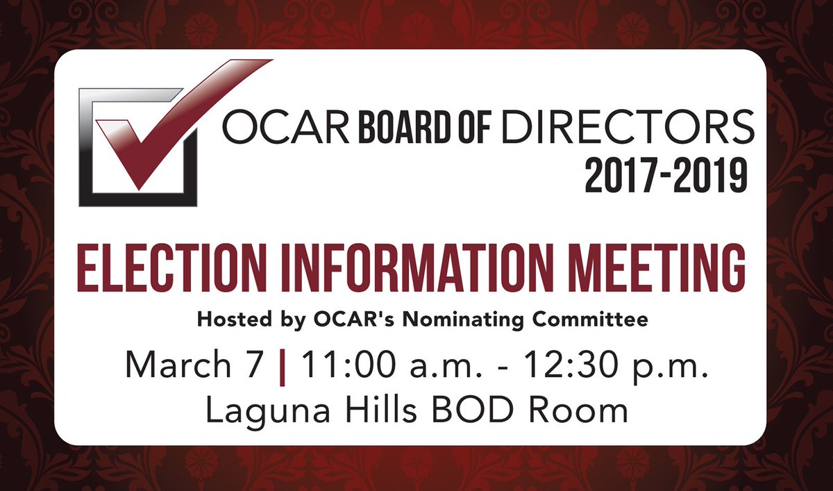 the_ocrealtors's tweet photo. BOD Election Information Meeting March 7, 11:00 am - 12:30 pm Laguna Hills #OCAR2016 https://t.co/mYXHkNUnjZ - https://t.co/CoIlOaCJ4E