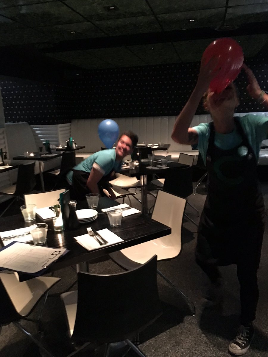 LivvyMullin's tweet photo. Balancing balloons on our noses. Love a good @CAUGuildford brief! #restaurantlife #cauloves https://t.co/YLgwUfwnok