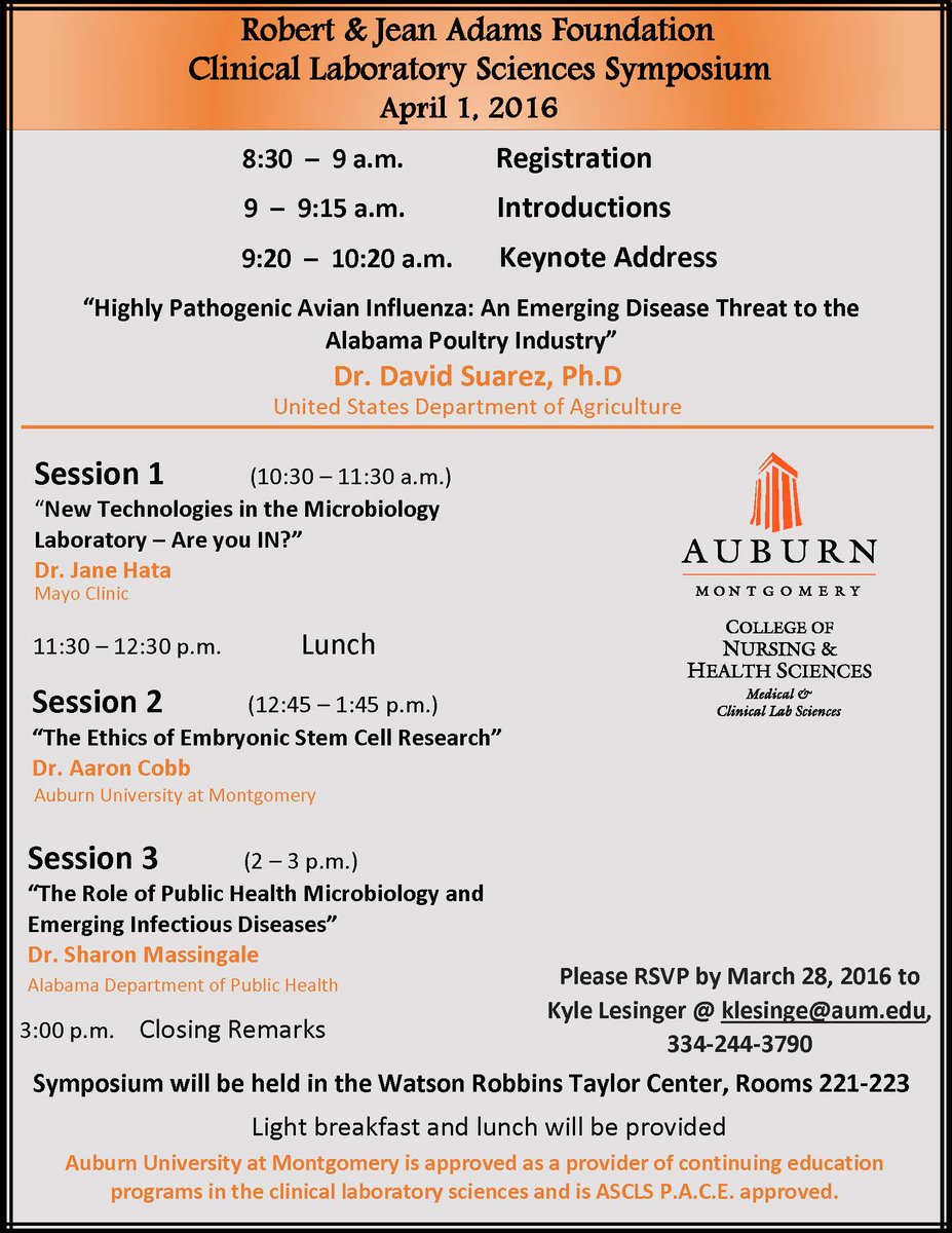 Clinical Laboratory Sciences will hold their 3rd Annual Symposium on April 1. Keynote will be Dr. David Suarez, Ph.D