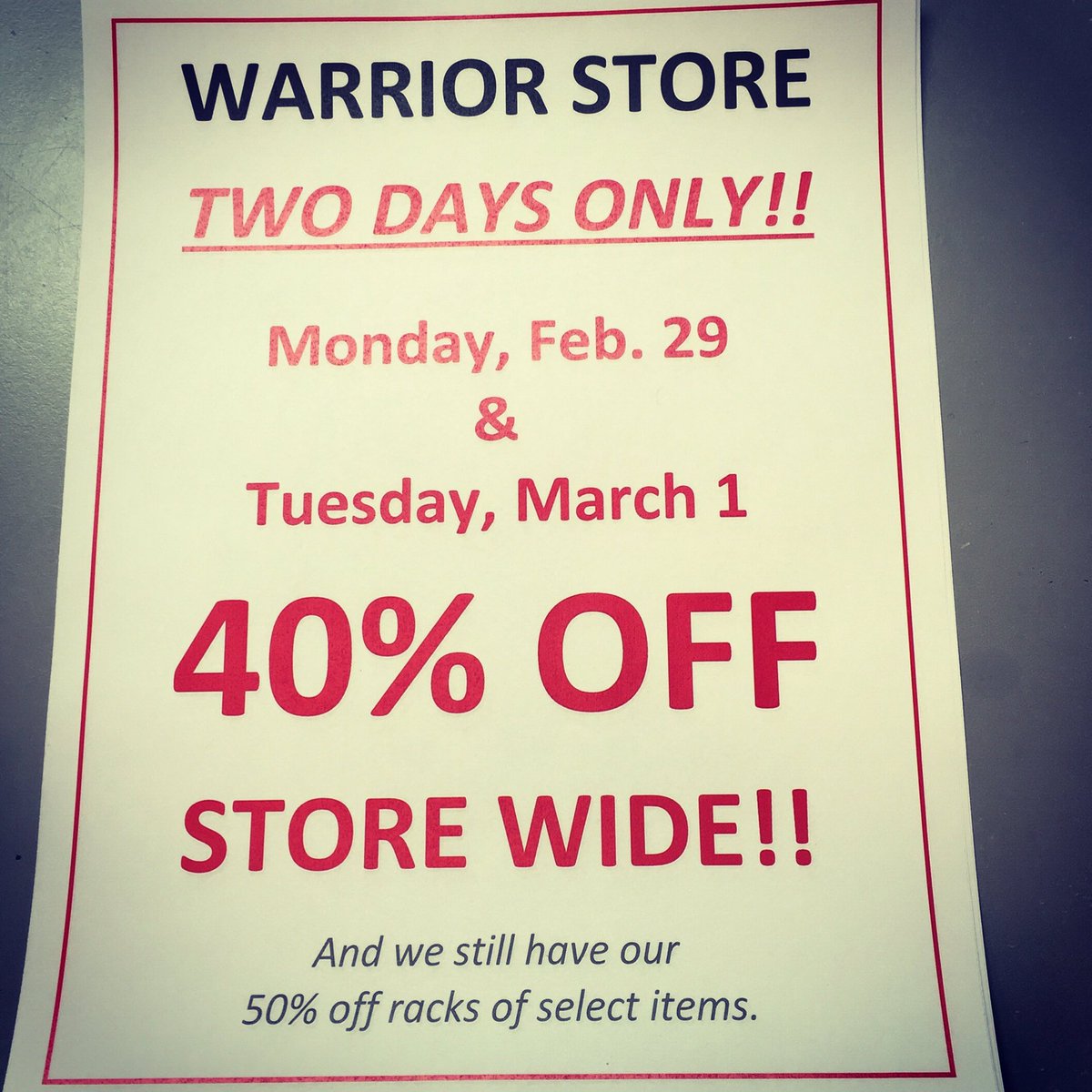 LRWarriorStore's tweet photo. TWO DAYS ONLY!!! Entire store is 40% off!!! #warriorsale https://t.co/0r8bl4KWpP