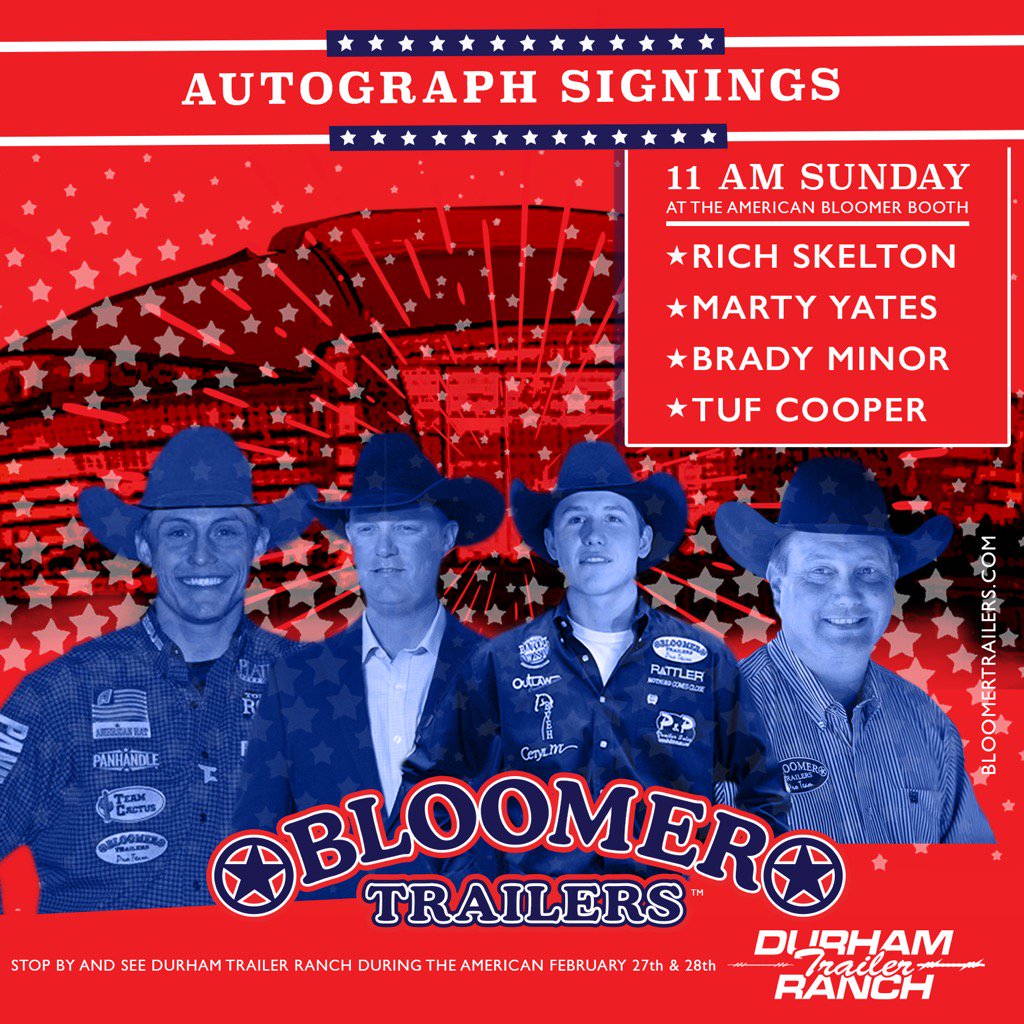 Meet #BloomerProTeam at the @RFDTVAmerican Sun 11am <a href="/Getrichroping/">Rich Skelton</a> <a href="/MartyHYates/">Marty Yates</a> <a href="/tufcooper/">Tuf Cooper</a> <a href="/bradyminor/">Brady Minor</a> #OnlyTheBest