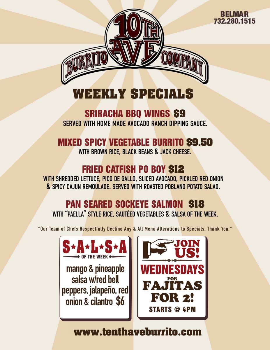 Check out all of our specials for the week starting tonight at 5pm! 

#belmar #redbank #10thaveburrito