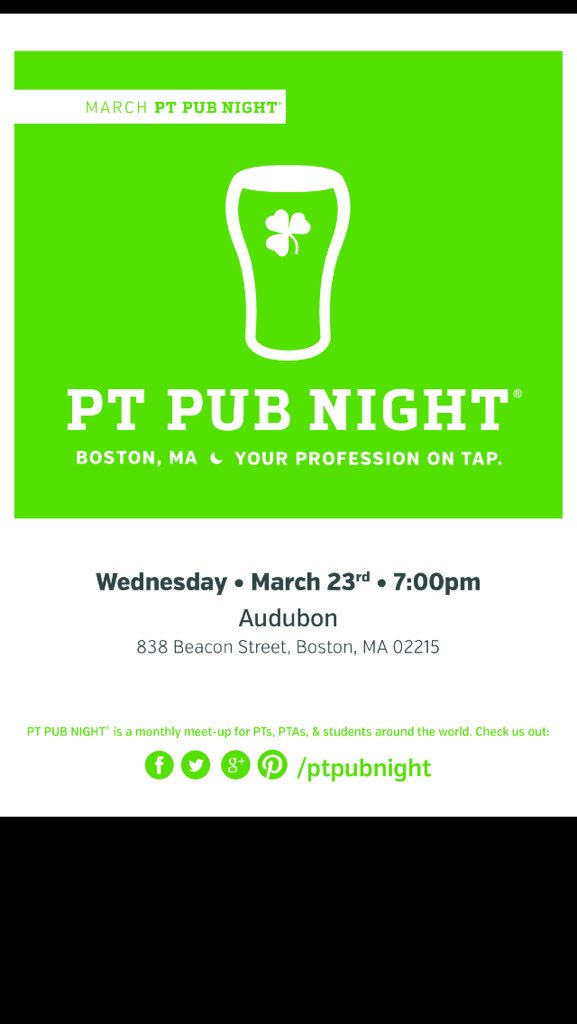 HeathJenningsPT's tweet photo. @Aptaofma @APTAMASSIG PTs, PTAs and Students...join for the first MA #PTPubNight of 2016. #PTleads https://t.co/3zoo652lss