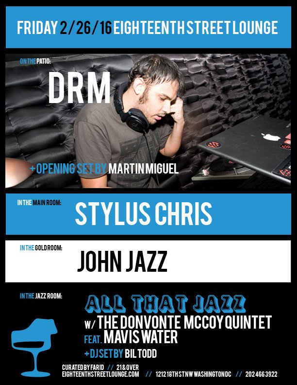 18thSTLounge's tweet photo. ESL Welcomes Back @bastardjazz label head #DRM + @styluschris @dj_john_jazz @DonvonteMccoy @martinmiguel__ @Bil_Todd https://t.co/8UnQpPzfSW