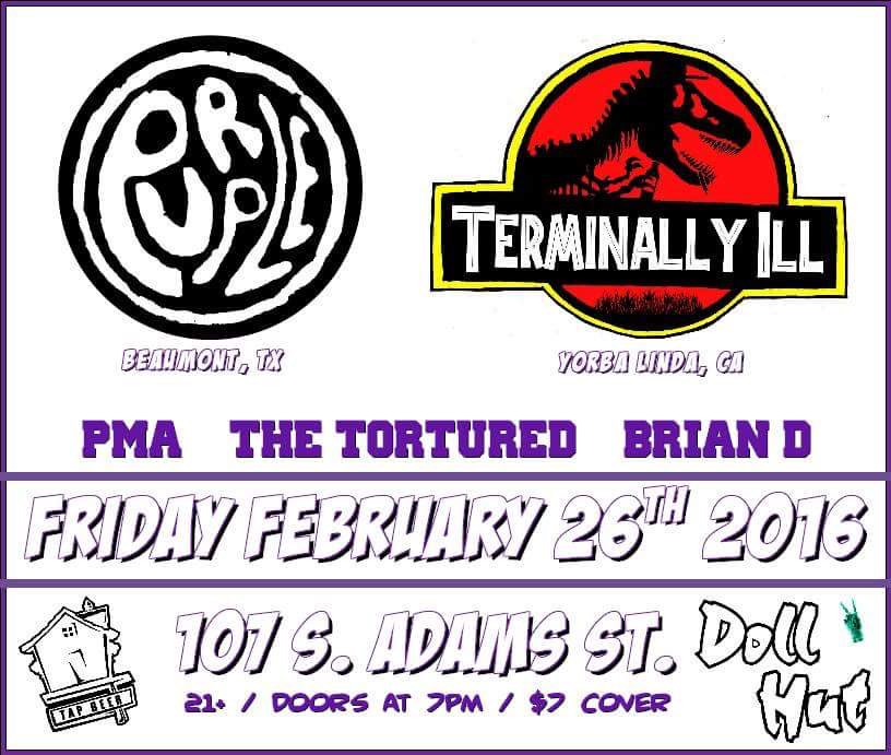 TONIGHT!!!
#Purple (Beaumont, Texas)
#TerminallyIll
With support from #PMA, #TheTortured, #BrianD