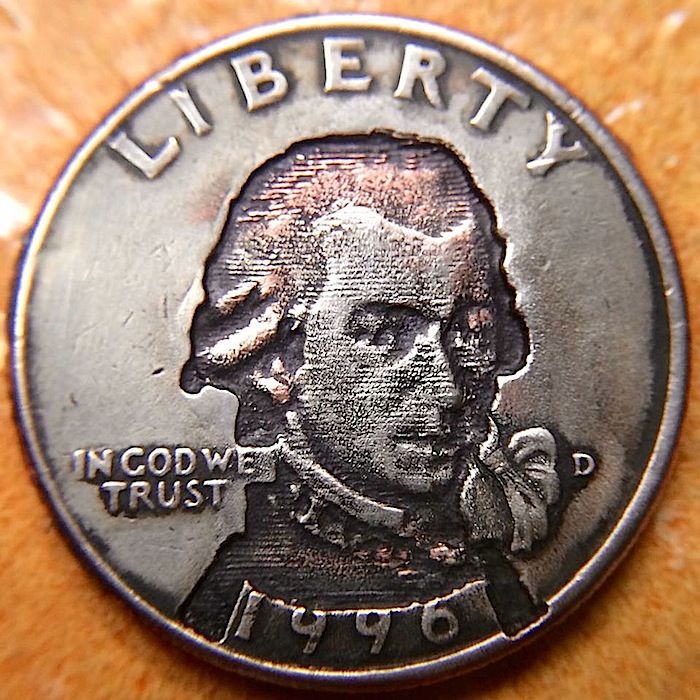 Hobo_Nickel_Soc's tweet photo. Q: What is #Mozart doing right now? 
A: #Decomposing. #BadJokeFriday #CoinArt #CoinCarving #HoboCoin https://t.co/I2Bk4DFCI3