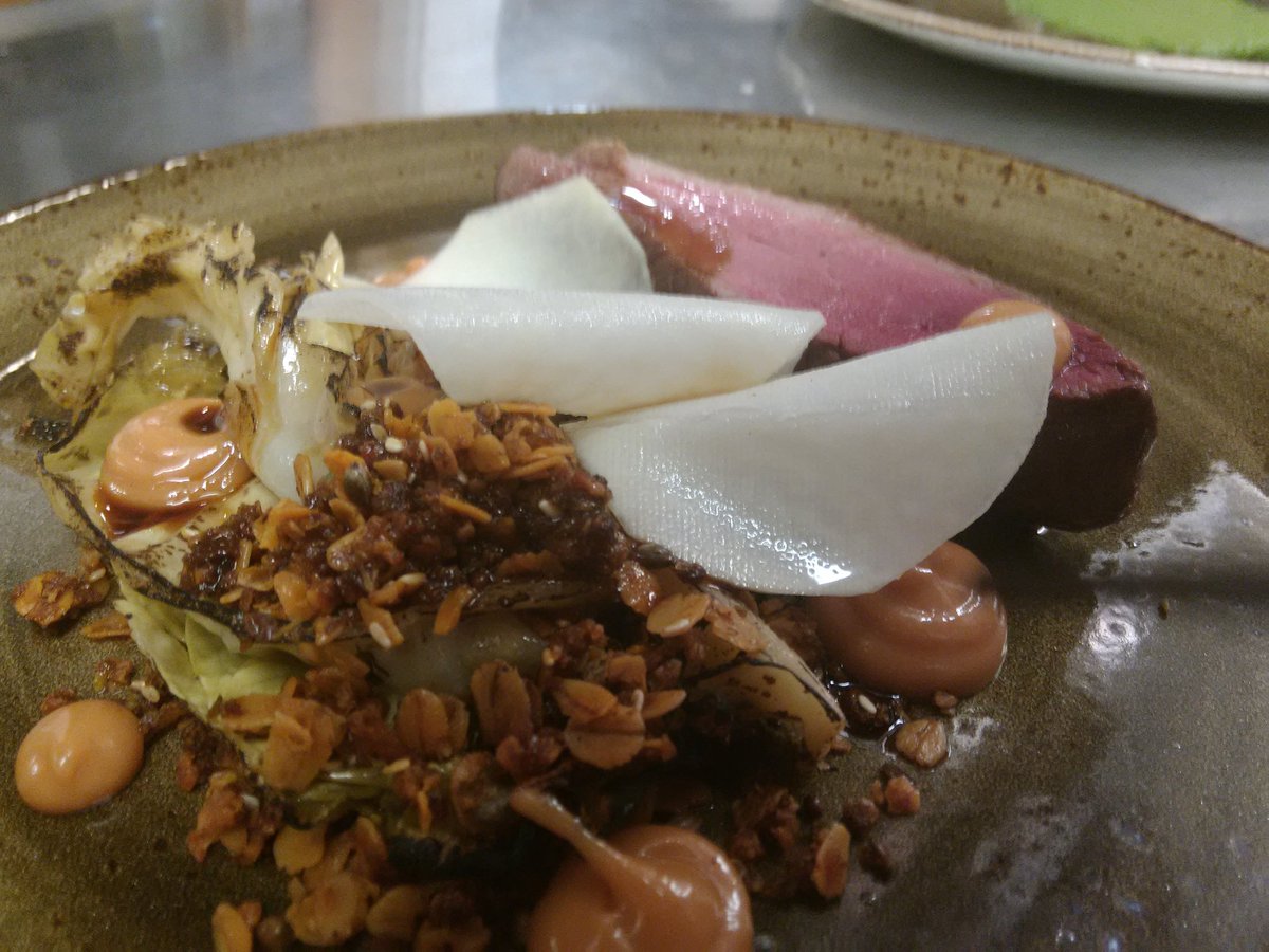 getchefcarter's tweet photo. Duck breast granola kholrabi plum plenty of new dishes @suninnkirkbylon https://t.co/SNK8NcBHUd