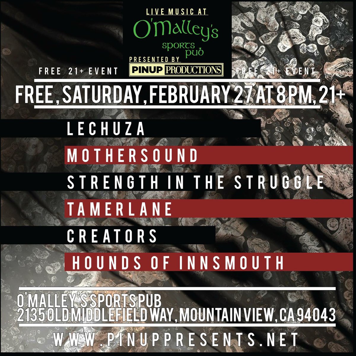 TOMORROW @ O'Malleys <a href="/MothersoundLA/">Mothersound</a> <a href="/strngthstrgglca/">strengthstruggleca</a> #Lechuza <a href="/ThisIsTamerlane/">Tamerlane</a> #Creators #HoundsOfInnsmouth 8pm 21+