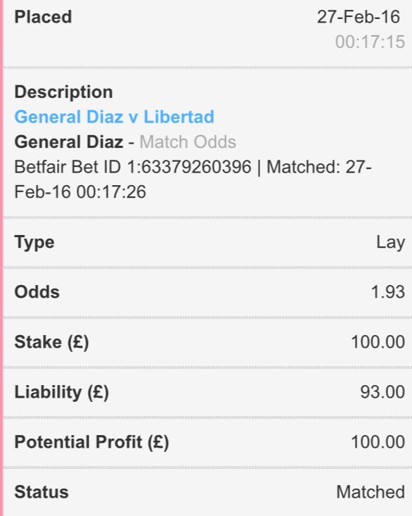 SportsTrader3's tweet photo. Trade 22) General Diaz v Libertad: Lay General Diaz Win: £100 @ 1.93 (Liability £93) #sporex #inplay #laybet https://t.co/mrUVku35E5