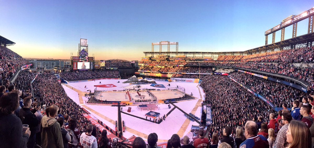 NHL's tweet photo. Who wants to watch the sunset? #TGIF #StadiumSeries https://t.co/6OITf4iiiG