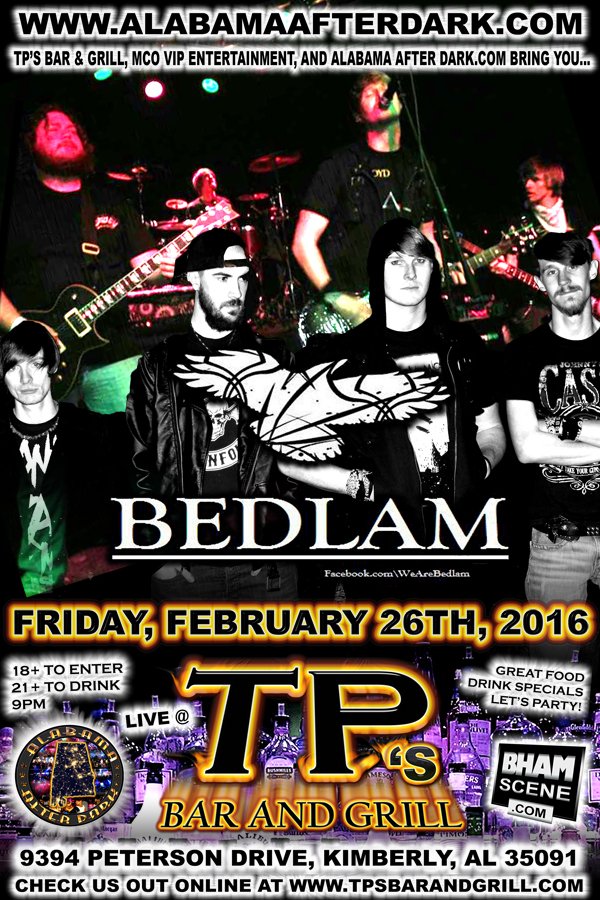TPsbargrill's tweet photo. Hey #bham #Alabama - Come party #rocknroll tonight at TP's!
#BEDLAM live on stage! 18+ | 9pm
#nightlife #livemusic https://t.co/Nh0AeSELFB