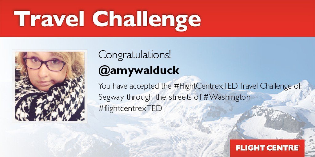 flightcentreAU's tweet photo. @amywalduck Congratulations on accepting your #FlightCentrexTED Travel Challenge https://t.co/p0g8YpMP1c