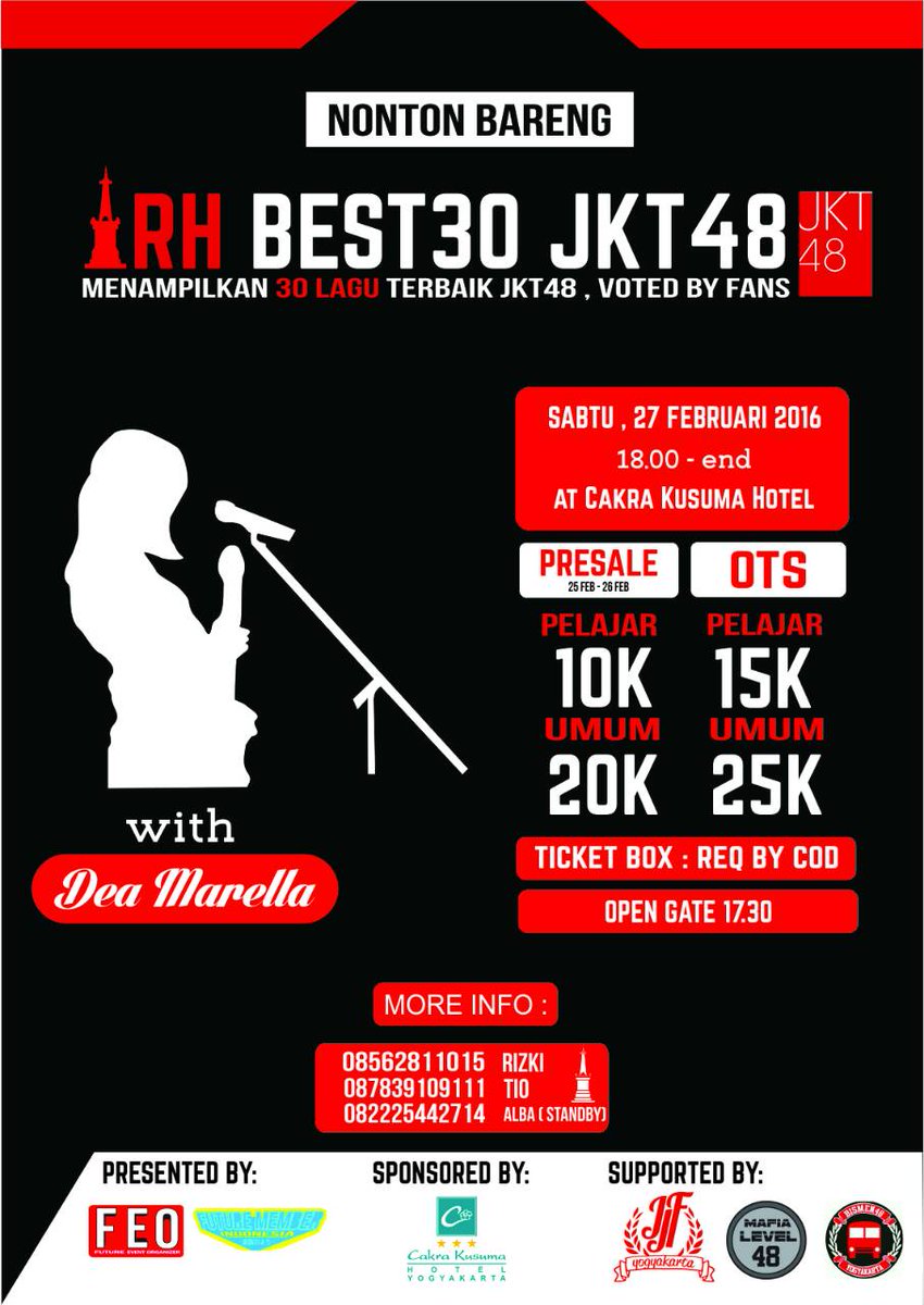 JKT48JOGJAFC's tweet photo. ojo lali, nanti sore.. pembelian OTS dimulai jam 17.00, open gate jam 17.30.. nonton dewe ora gayeng, ramaikan dab!! https://t.co/yz2EX6FuxO