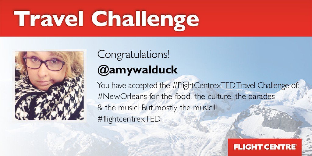 flightcentreAU's tweet photo. @amywalduck Congratulations on accepting your #FlightCentrexTED Travel Challenge https://t.co/daMGmDdztJ