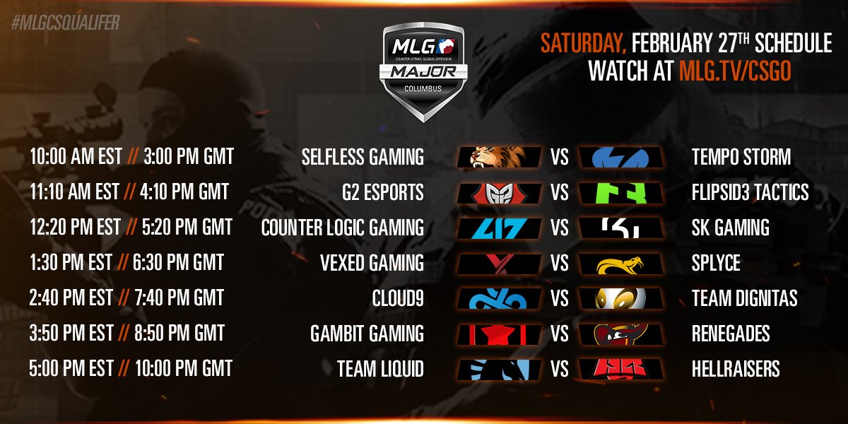MLG's tweet image. Today's #MLGCSQualifier schedule!

Matches start at 10:00 AM EST / 3:00 PM GMT on MLG.tv/CSGO