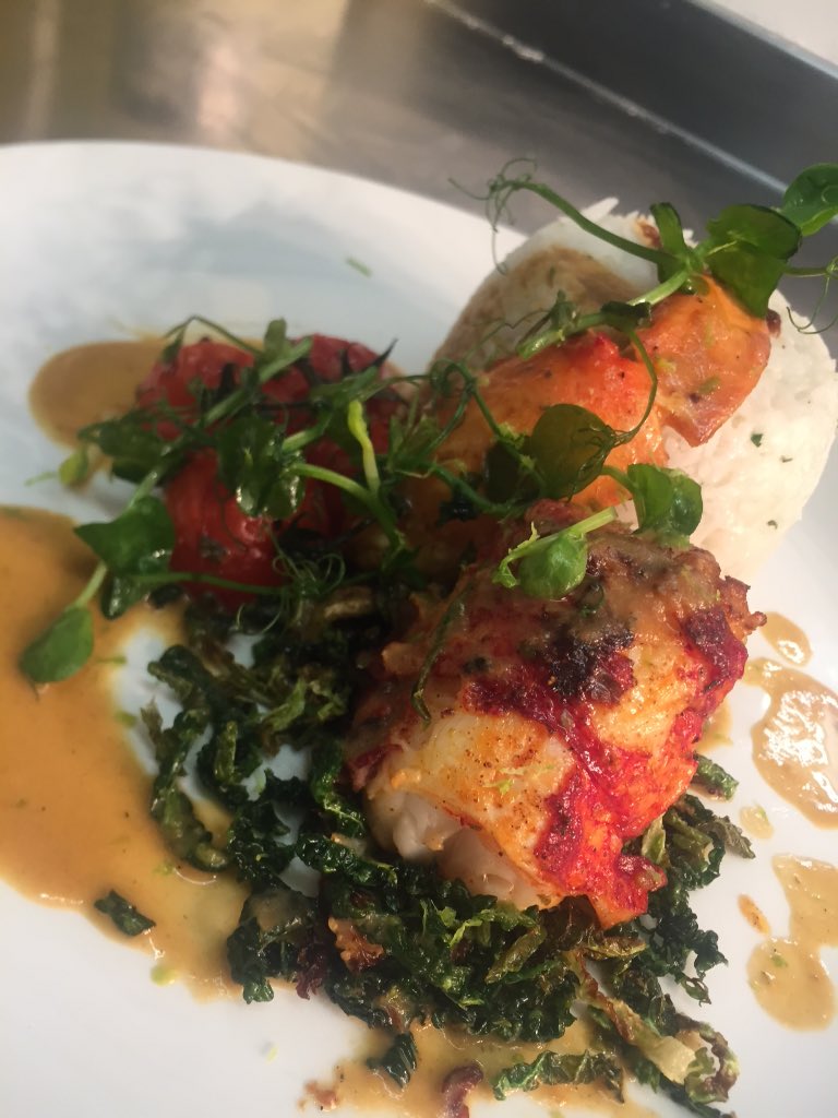 Seered Scottish Lobster, coconut rice and Savoy cabbage served with a tomato &amp; bisque sauce 😍 #foodporn