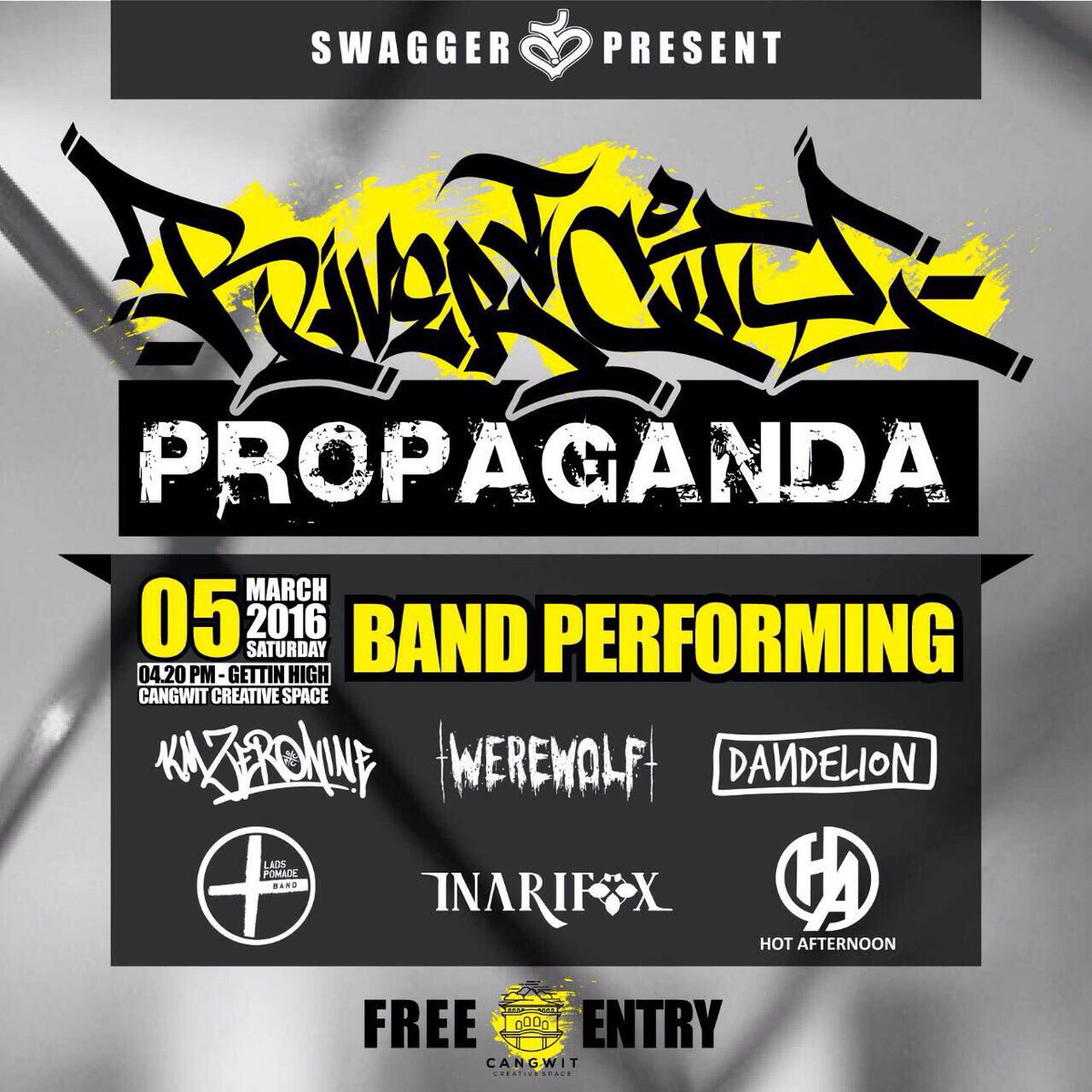 dandelionschc's tweet photo. Confirmed for River City Propaganda. Held by @xswaggerstorex on 05/03/2016 at Cangwit Creative Space. See ya fellas! https://t.co/CF1UOKaL3O