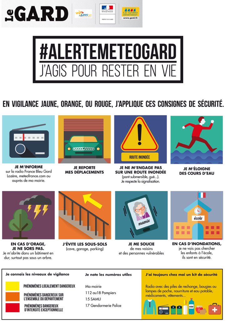 pompiersdugard's tweet photo. #Gard en vigilance #Orange Je limite les #déplacements sur #routes et reste informé - #Prudence #RespectConsignes https://t.co/npzlSW4RKQ