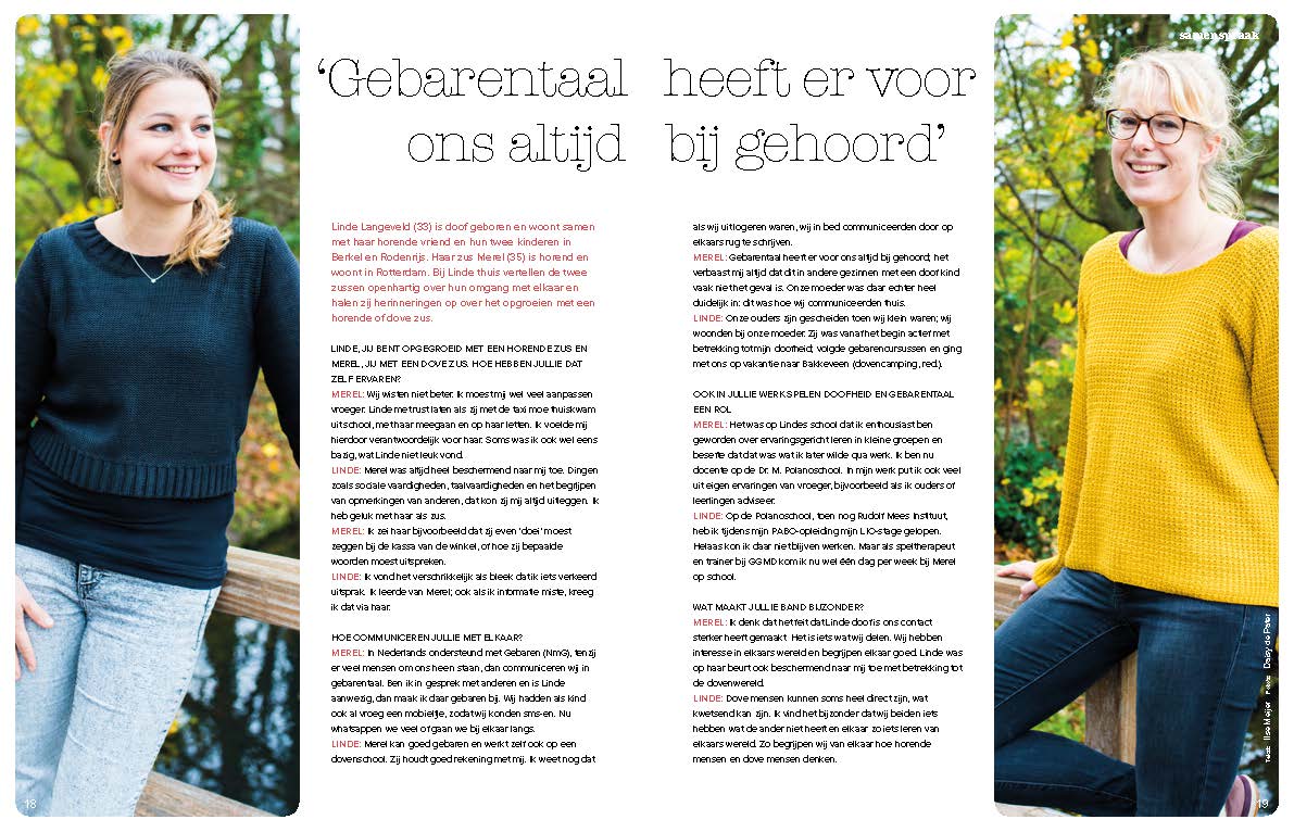 #Weekendlectuur: leuk interview met #dove en horende zus in <a href="/GezondGehoor/">Gezond Gehoor</a>. gezondgehoor.nl/doc/bladeren.p… (pagina 5)