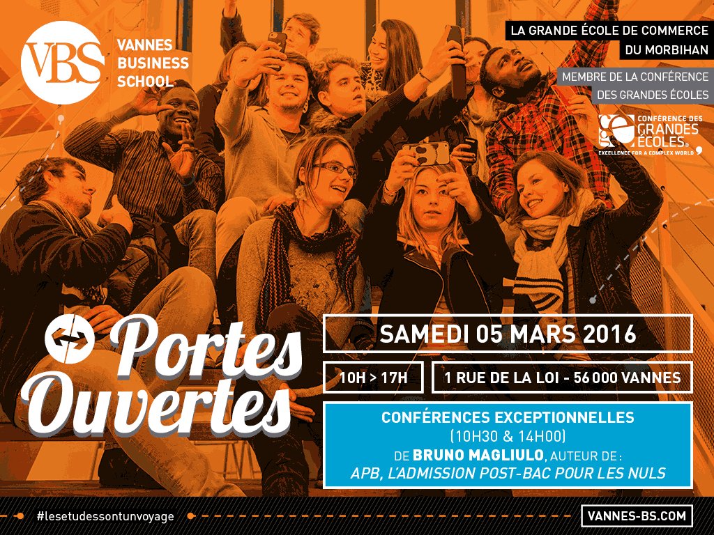 BrestBS's tweet photo. RDV Samedi 5 mars à partir de 10h pour la Journée Portes Ouvertes de @VannesBS : Bachelor E-Business &amp; conf #APB https://t.co/fxZeyWkhfC