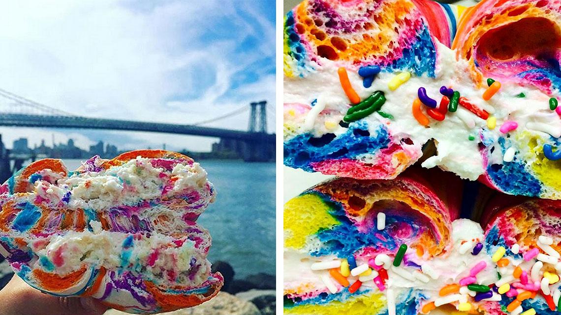 CreateFood's tweet photo. How to eat a #rainbowbeigel NY style: rainbow beigel from Brick Lane Beigel Shop + cream cheese + sprinkles https://t.co/2A2m3I2XvQ