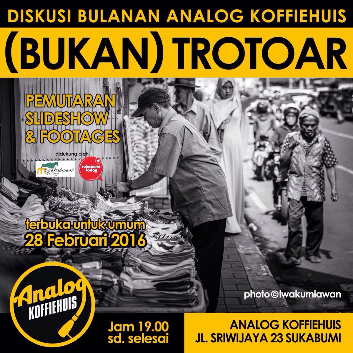 analogkopi's tweet photo. Mengingatkan lagi.
Besok, Minggu 28 Feb 2016, ada Diskusi (maunya) Bulanan.
Soal (Bukan) Trotoar.

Semua boleh... https://t.co/8xWLLiihU3