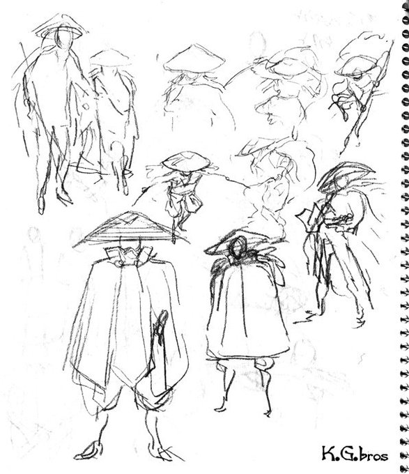 最近はデジタルで絵を描くようにしているのですが
アナログと違い、落書き的な絵ってあまり描かないような…
どしても、完成形を目指して描いてしまいますな～。
(それはそれで良い事だけども)

添付はアナログ画、笠をかぶった浪人的な人w 