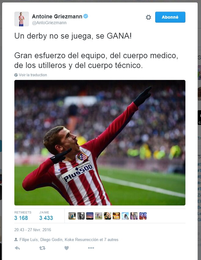 footmercato's tweet photo. Griezmann, buteur face au Real Madrid, sur les réseaux sociaux : "un derby ça ne se joue pas, ça se gagne !". https://t.co/uSJZEdgnyE