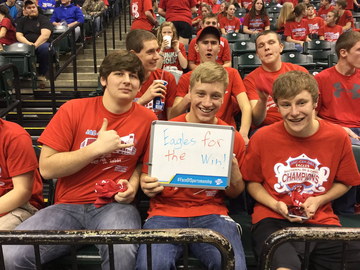 IHSAA1's tweet photo. The Jac-Cen-Del Eagles are showing their spirit in the stands!  #FaceOfSportsmanship @JCDSports https://t.co/MNKBqDHVPD
