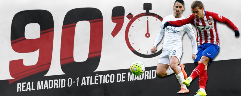 Atleti's tweet photo. 93' | 0-1 | ¡¡Final del partido!! ¡El derbi es rojiblanco! ¡¡Gran trabajo, equipo!! #RealMadridAtleti #AúpaAtleti https://t.co/6scY4WClhp