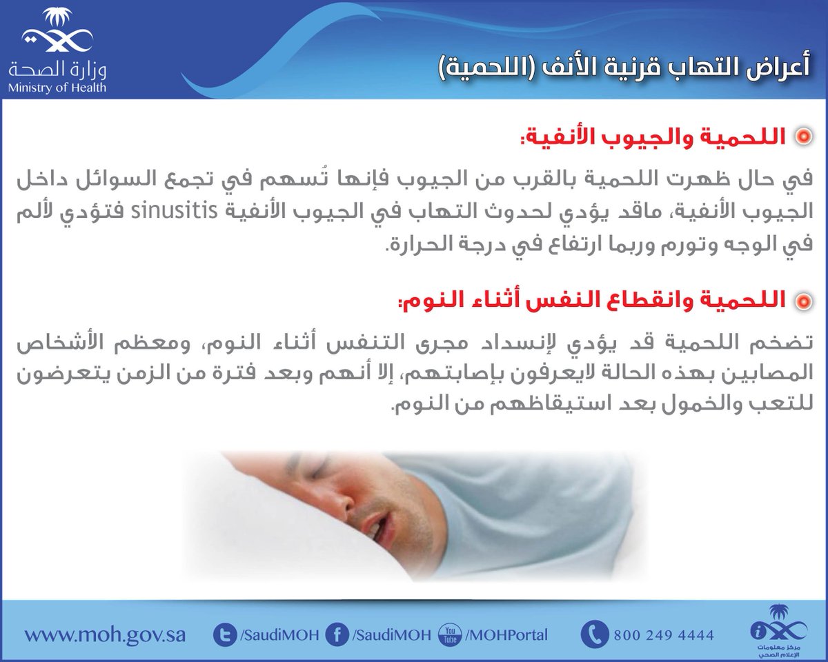 و ز ا ر ة ا لـ صـ حـ ة السعودية בטוויטר 55994r نرحب بك يتم علاج تضخم قرنيات الأنف والتهاب الجيوب الأنفية المزمن بقطرات أوحبوب أوحقن الكورتيزون ومضادات الهستامين لعلاج الحساسية