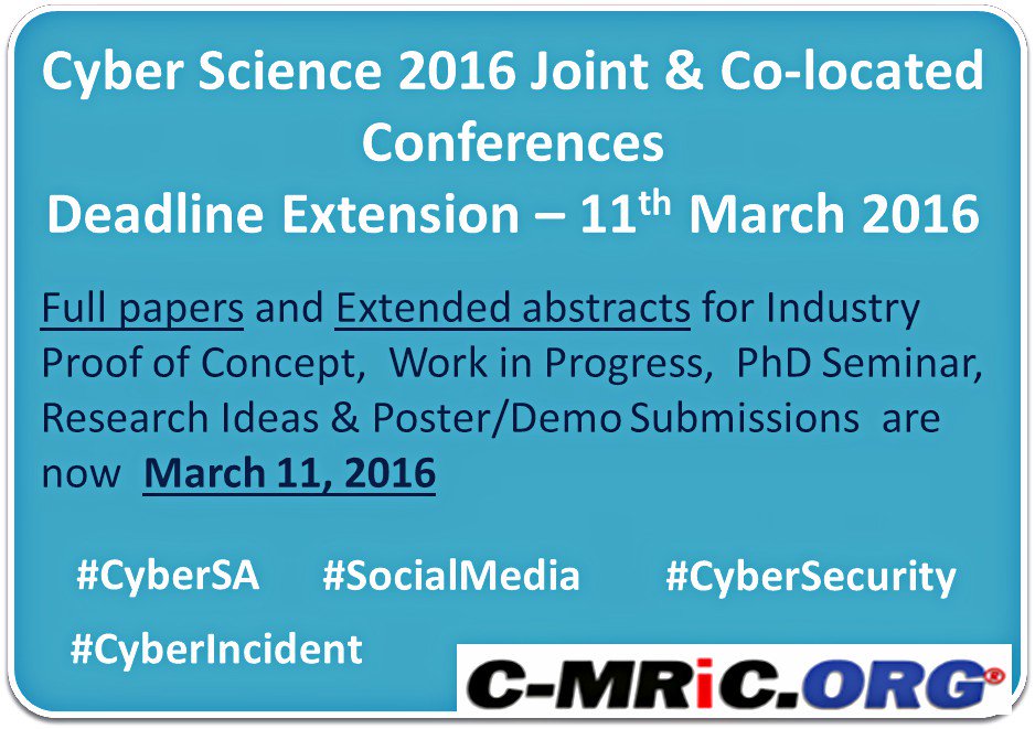 cmricorg's tweet photo. #TechNews: You'll be pleased to know that submission deadline #CyberScience2016 is now extended to 11 March #CyberSA https://t.co/LuwKlNdoxR
