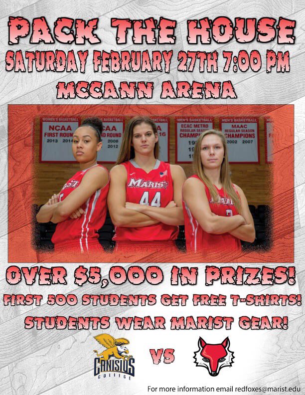 MaristPTH's tweet image. Less than 7 hours until we #PACKTHEHOUSE! Game time is 7:00 pm. First 500 students get free t-shirts! #FreeStuff