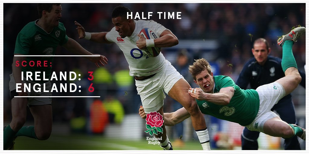 EnglandRugby's tweet photo. HALF TIME ENG 6 - 3 IRE. England go into the tunnel 3 points ahead after a close opening 40 minutes. #CarryThemHome https://t.co/sxsTzh0MnL