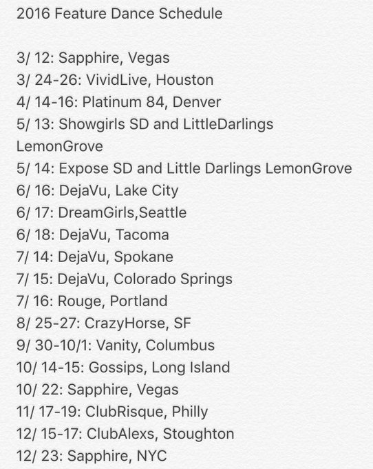 These are the ONLY clubs I will be dancing at for the rest of 2016! Come see me if I'm coming near you