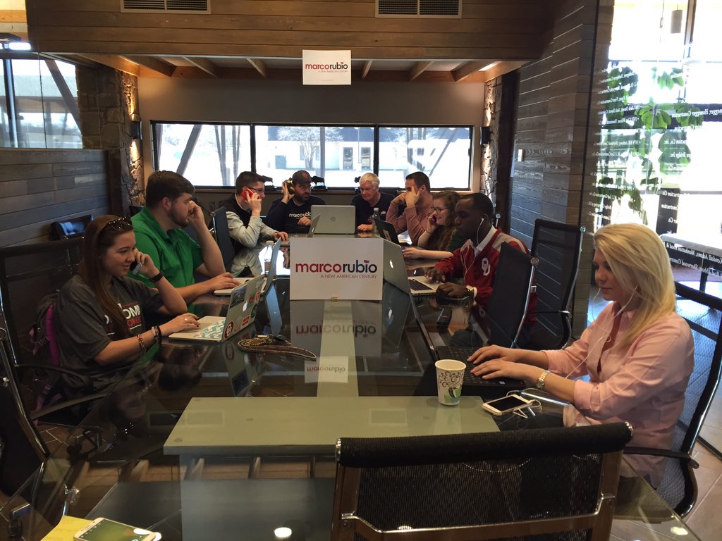 TeamMarcoOK's tweet photo. The best ground game in Oklahoma is working the phones at @marcorubio HQ in OKC!  #TeamMarco #EarnIt #Marcomentum https://t.co/ViIhC225Zk