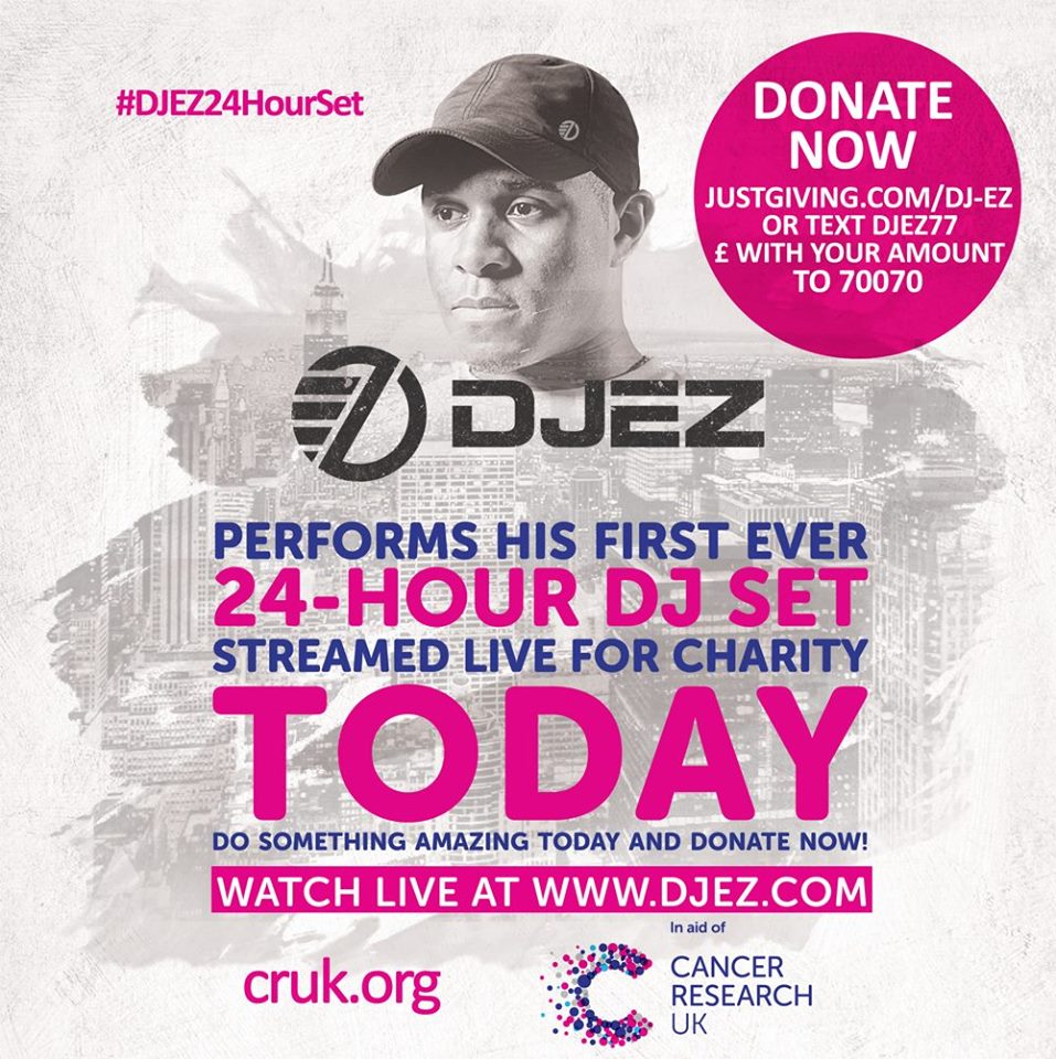 #DJEZ24HourSet is now live!

Head to djez.com now for the stream and don't forget to donate! <a href="/CR_UK/">Cancer Research UK</a>