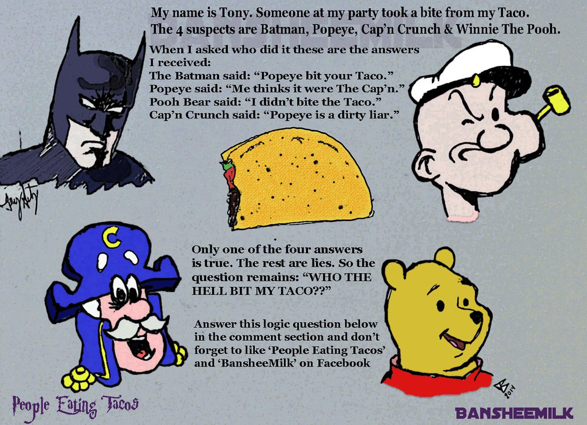 Brainjam_Online's tweet image. #logicpuzzle #logicproblems #logicpuzzles #SherlockHolmes #Batman #popeye #winniethepooh #cap'ncrunch #tacos #taco