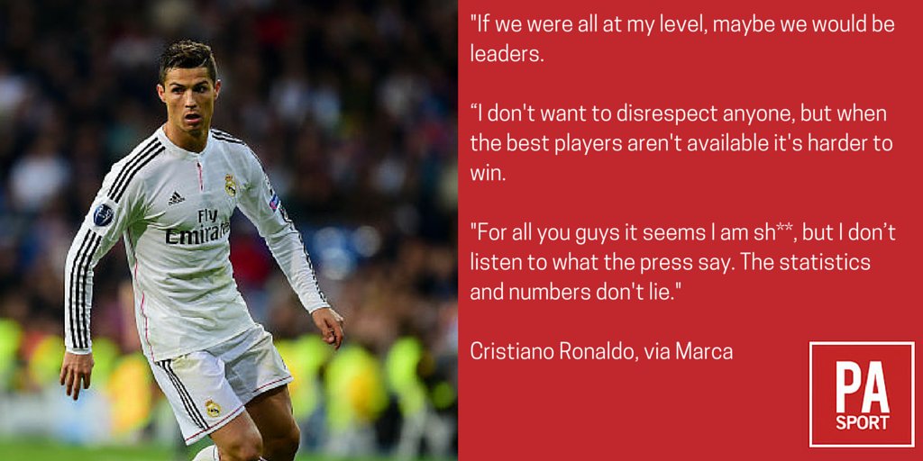 PAdugout's tweet photo. Cristiano Ronaldo says @realmadriden are not league leaders because his team-mates aren't as good as him https://t.co/GKunfSjXvM