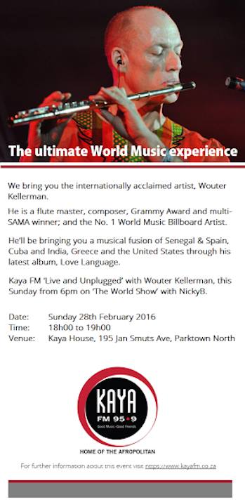 wouterkellerman's tweet photo. Looking forward to performing tomorrow night 'Live &amp; Unplugged' on the Kaya stage at Kaya FM! :) :) https://t.co/JKmMX97a4A